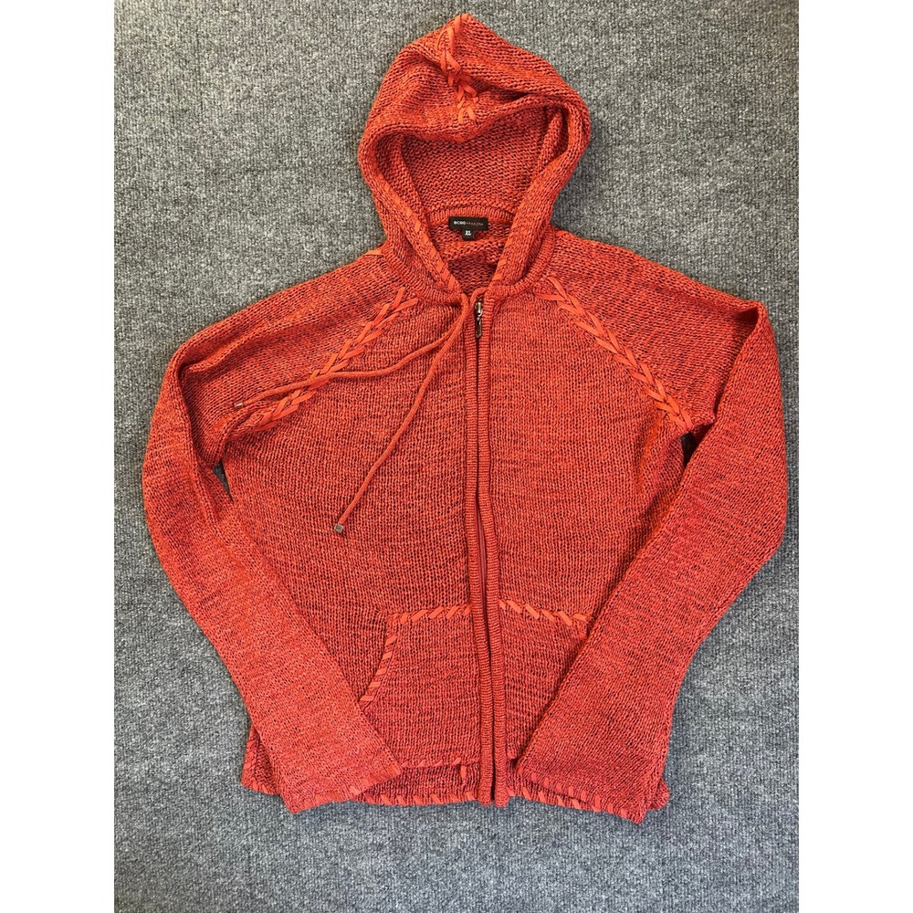 BCBGMAXAZRIA Knit Hoodie Women XL Orange Braided Lace Up Zip Front Sweater
